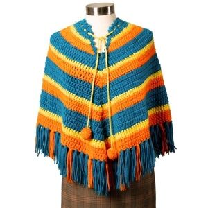 Vintage Multicolor Crocheted Poncho with Pom Poms Rainbow Barbie Hippie Pride